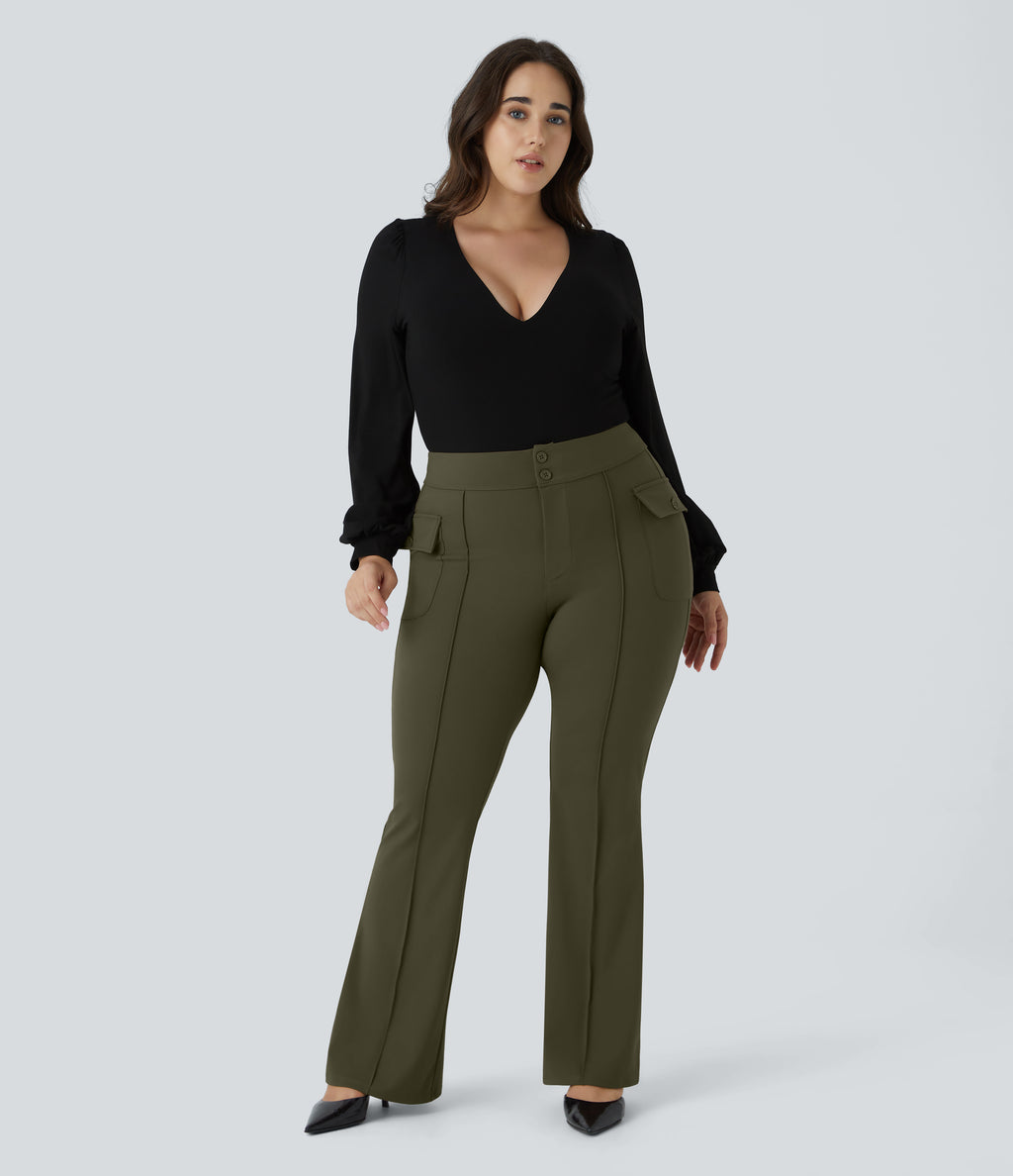 High Waisted Side Flap Pocket Flare Plus Size Casual Cargo Pants — Forest Night — view 6