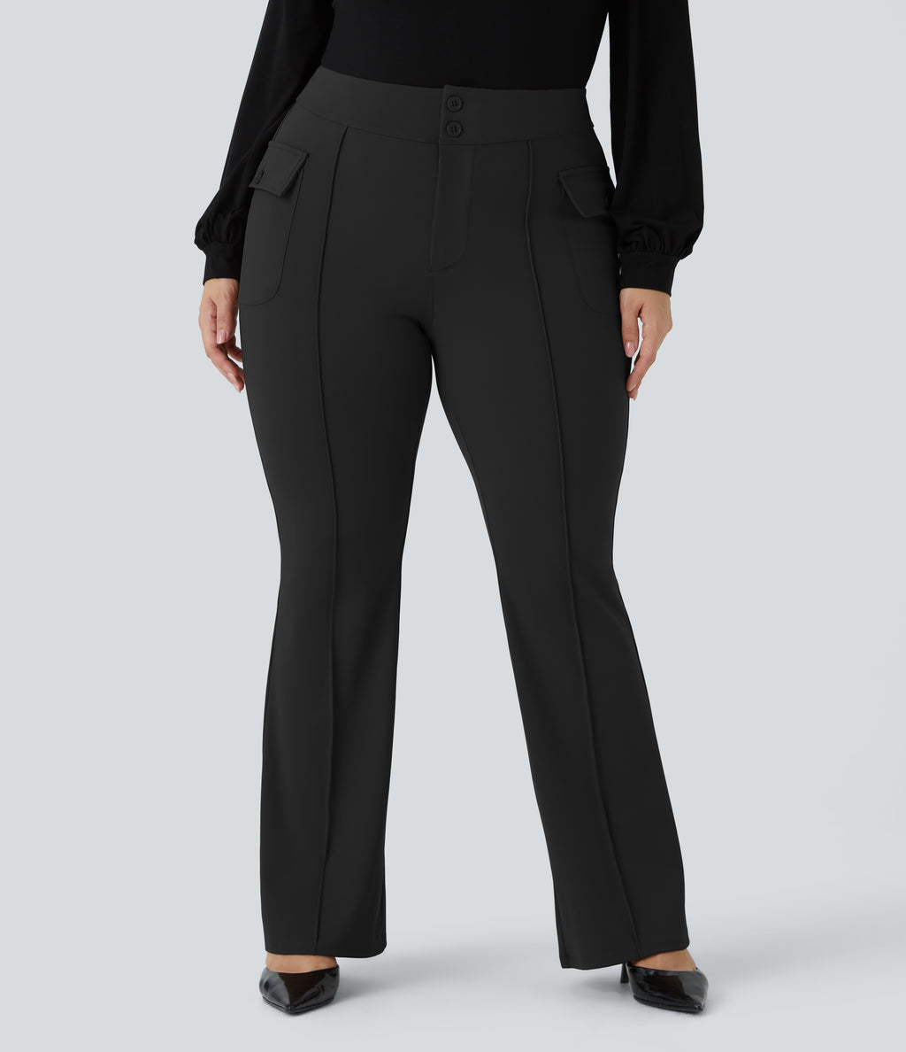 High Waisted Side Flap Pocket Flare Plus Size Casual Cargo Pants — Black — view 7