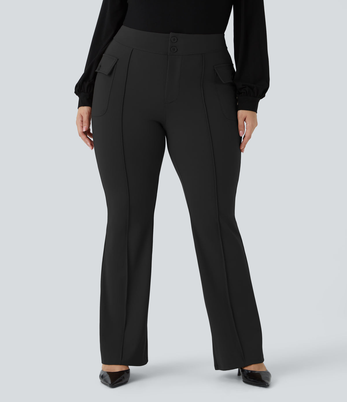High Waisted Side Flap Pocket Flare Plus Size Casual Cargo Pants — Black — view 7