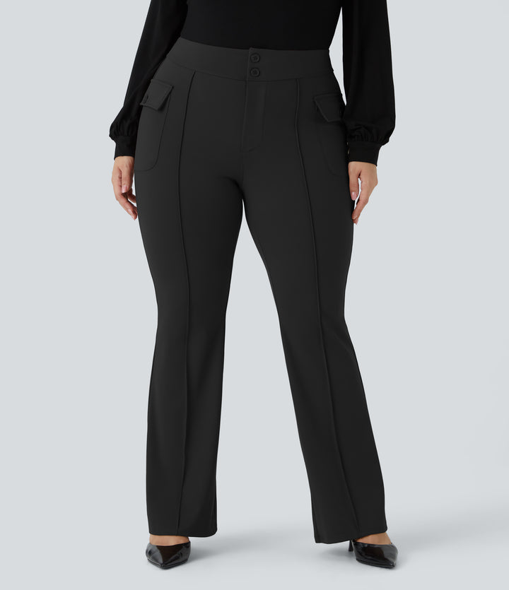 High Waisted Side Flap Pocket Flare Plus Size Casual Cargo Pants — Black — view 7