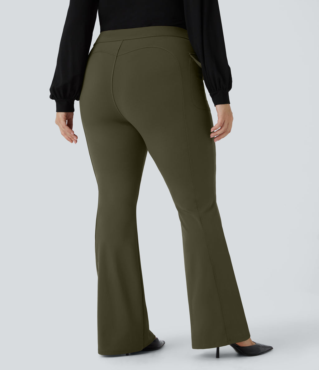 High Waisted Side Flap Pocket Flare Plus Size Casual Cargo Pants — Forest Night — view 2
