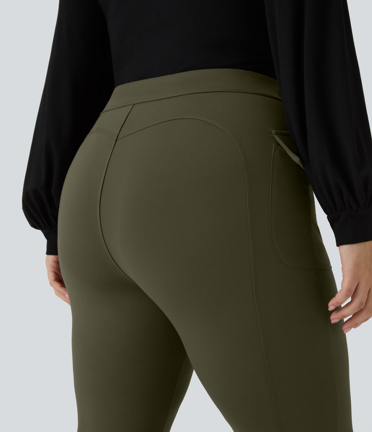 High Waisted Side Flap Pocket Flare Plus Size Casual Cargo Pants — Forest Night — view 5