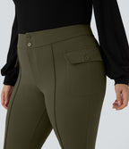 High Waisted Side Flap Pocket Flare Plus Size Casual Cargo Pants — Forest Night — view 4
