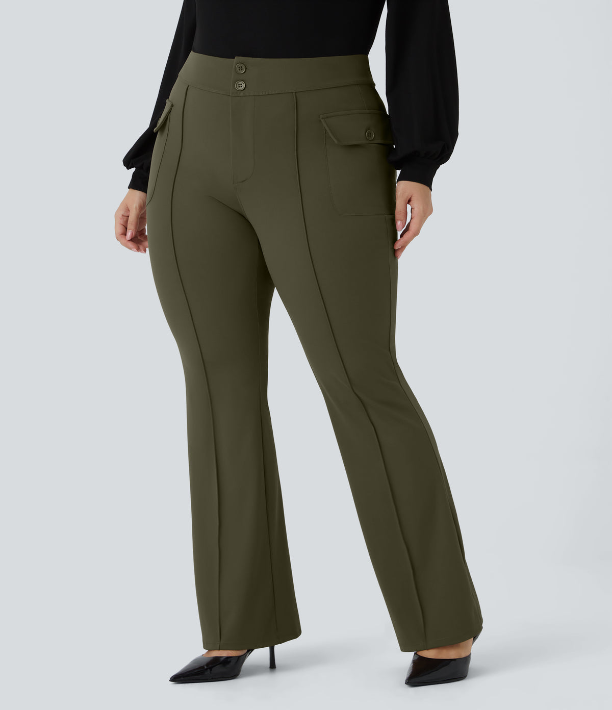 High Waisted Side Flap Pocket Flare Plus Size Casual Cargo Pants — Forest Night — view 3