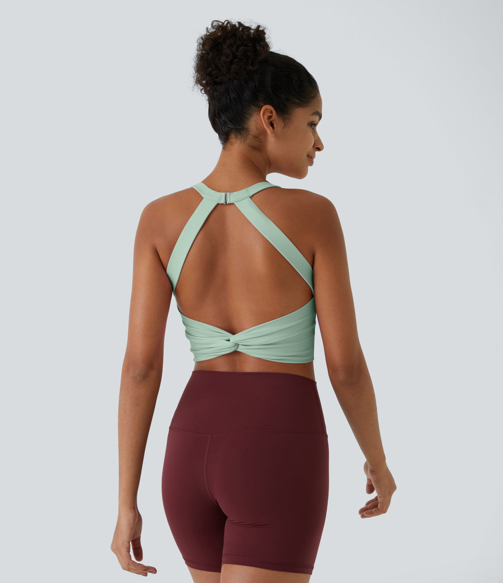 Plush Cut Out Cropped Yoga Tank Vest Top — Subtle Green — view 9
