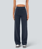 High Waisted Pockets Straight Leg Casual Trousers — Midnight Blue — view 1