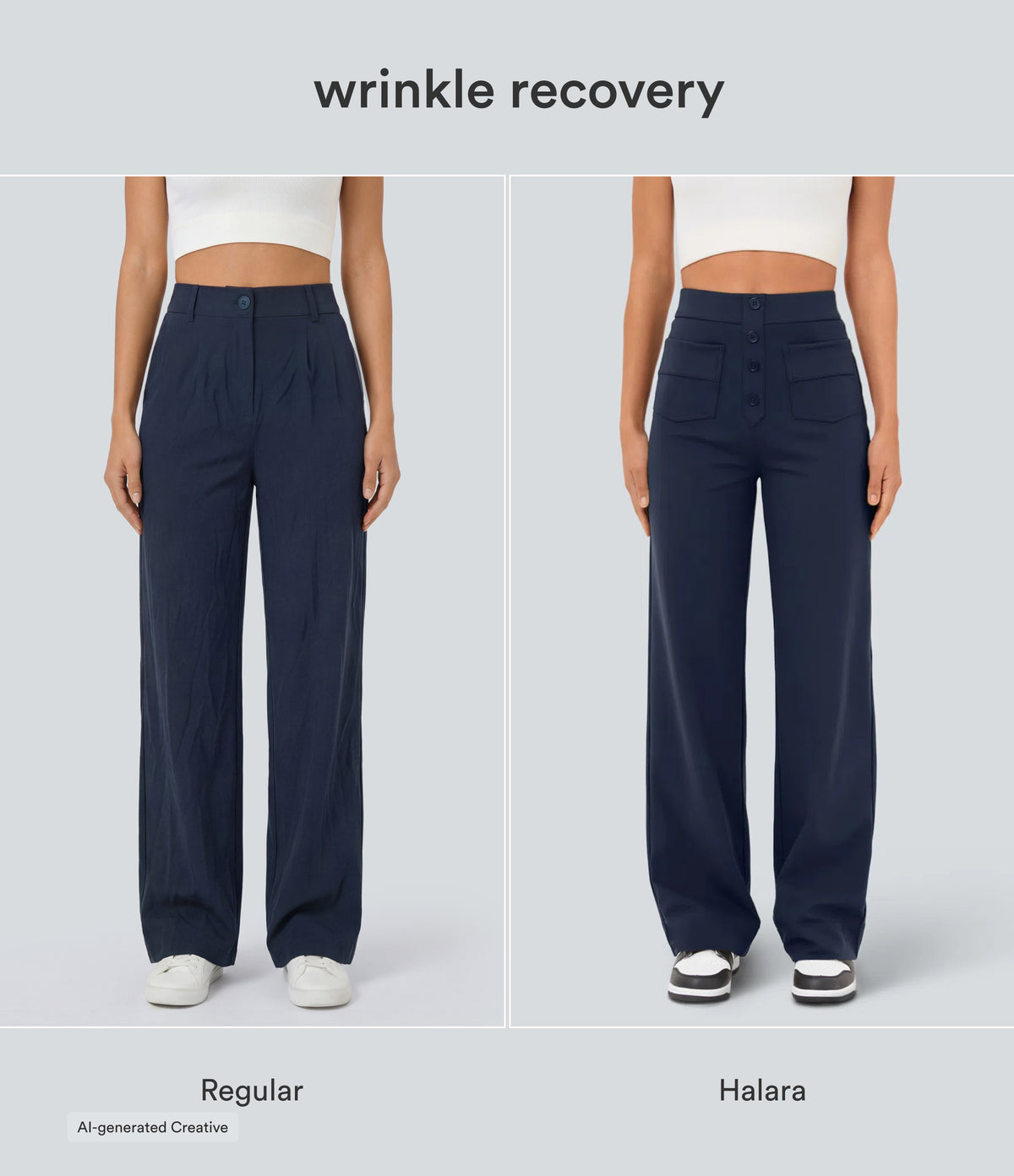 High Waisted Pockets Straight Leg Casual Trousers — Midnight Blue — view 5