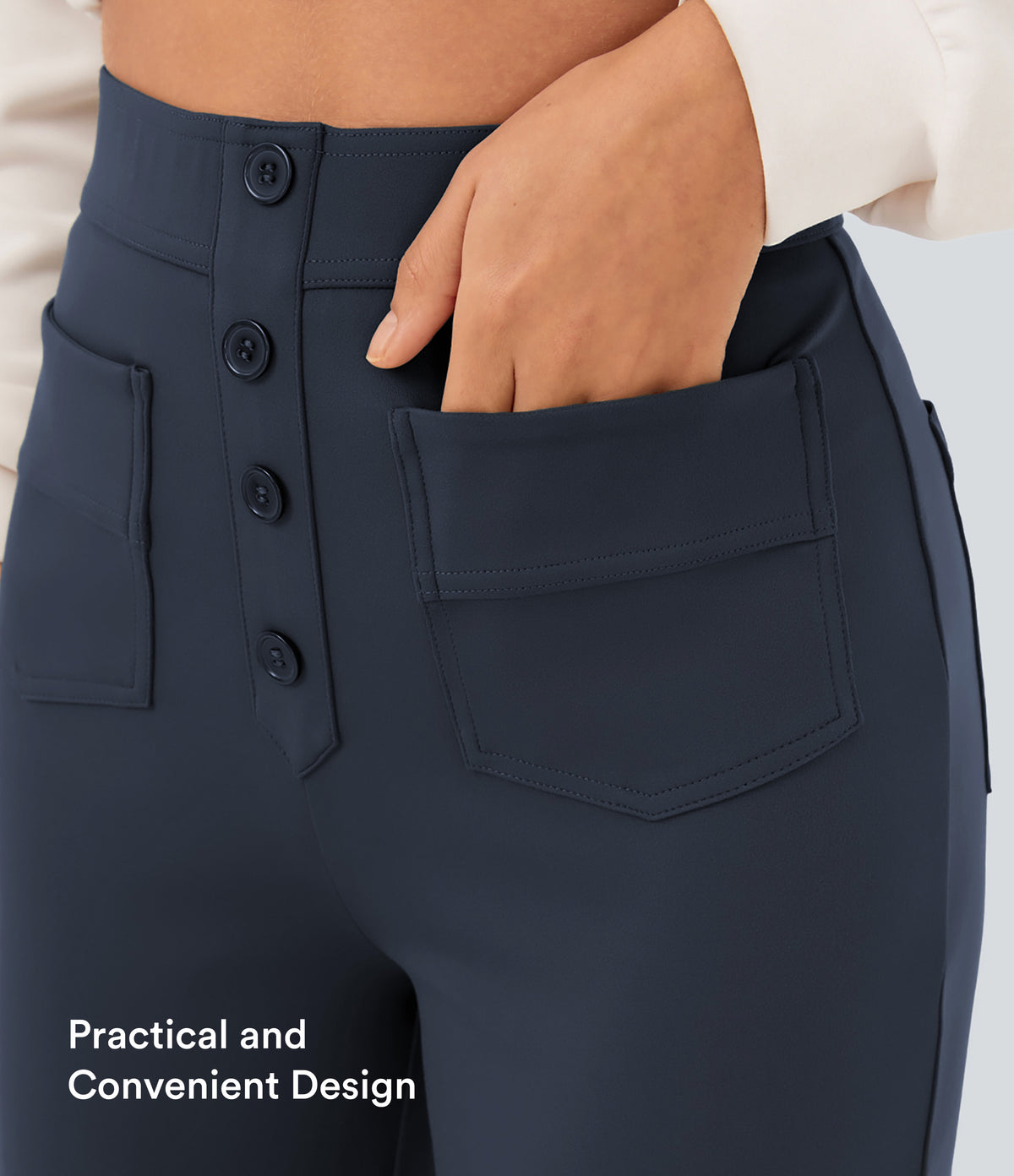 High Waisted Pockets Straight Leg Casual Trousers — Midnight Blue — view 7