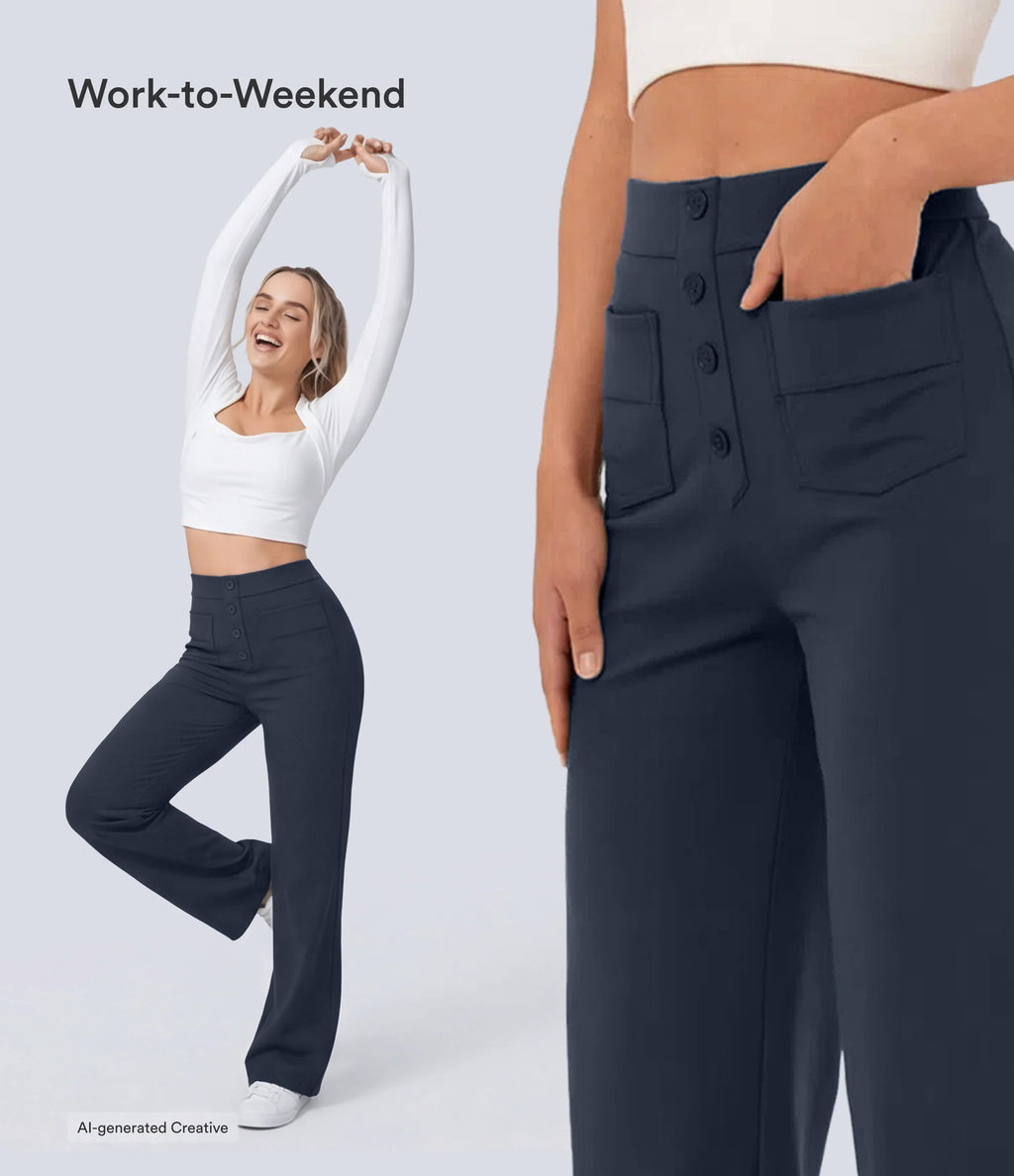 High Waisted Pockets Straight Leg Casual Trousers — Midnight Blue — view 6