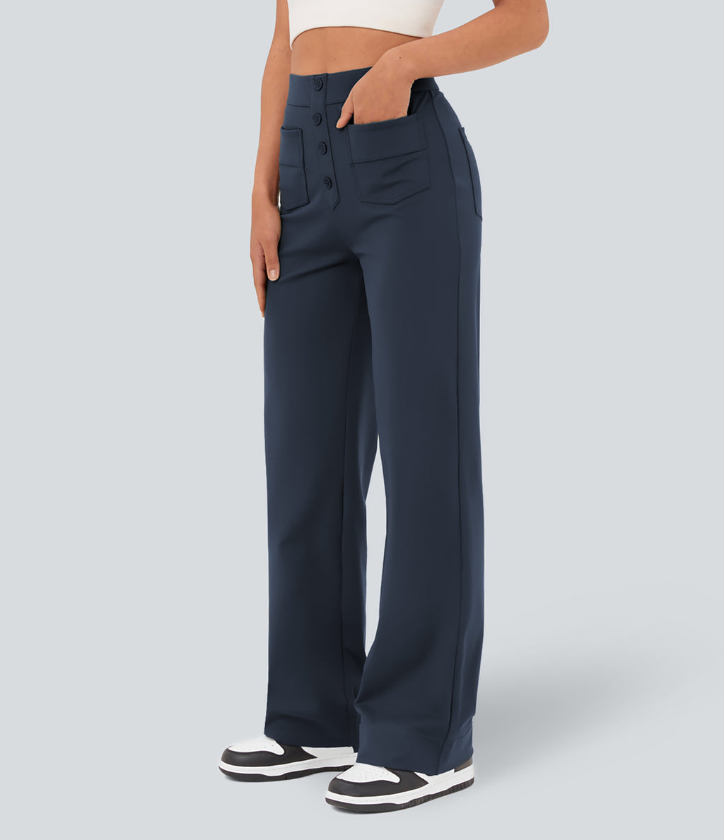 High Waisted Pockets Straight Leg Casual Trousers — Midnight Blue — view 3