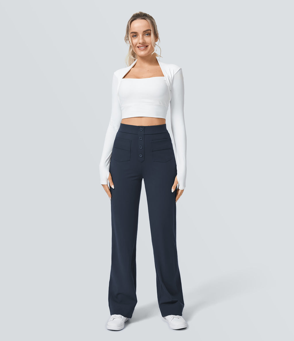 High Waisted Pockets Straight Leg Casual Trousers — Midnight Blue — view 8