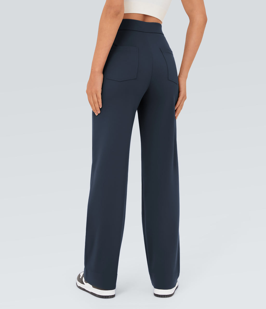 High Waisted Pockets Straight Leg Casual Trousers — Midnight Blue — view 2