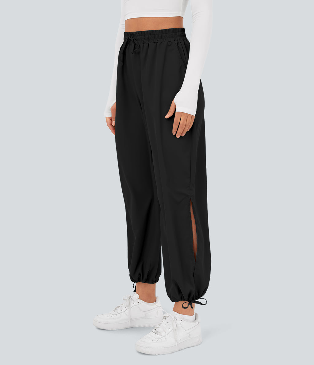 High Waisted Drawstring Side Pocket Split Hem Quick Dry Casual Joggers — Black — view 6