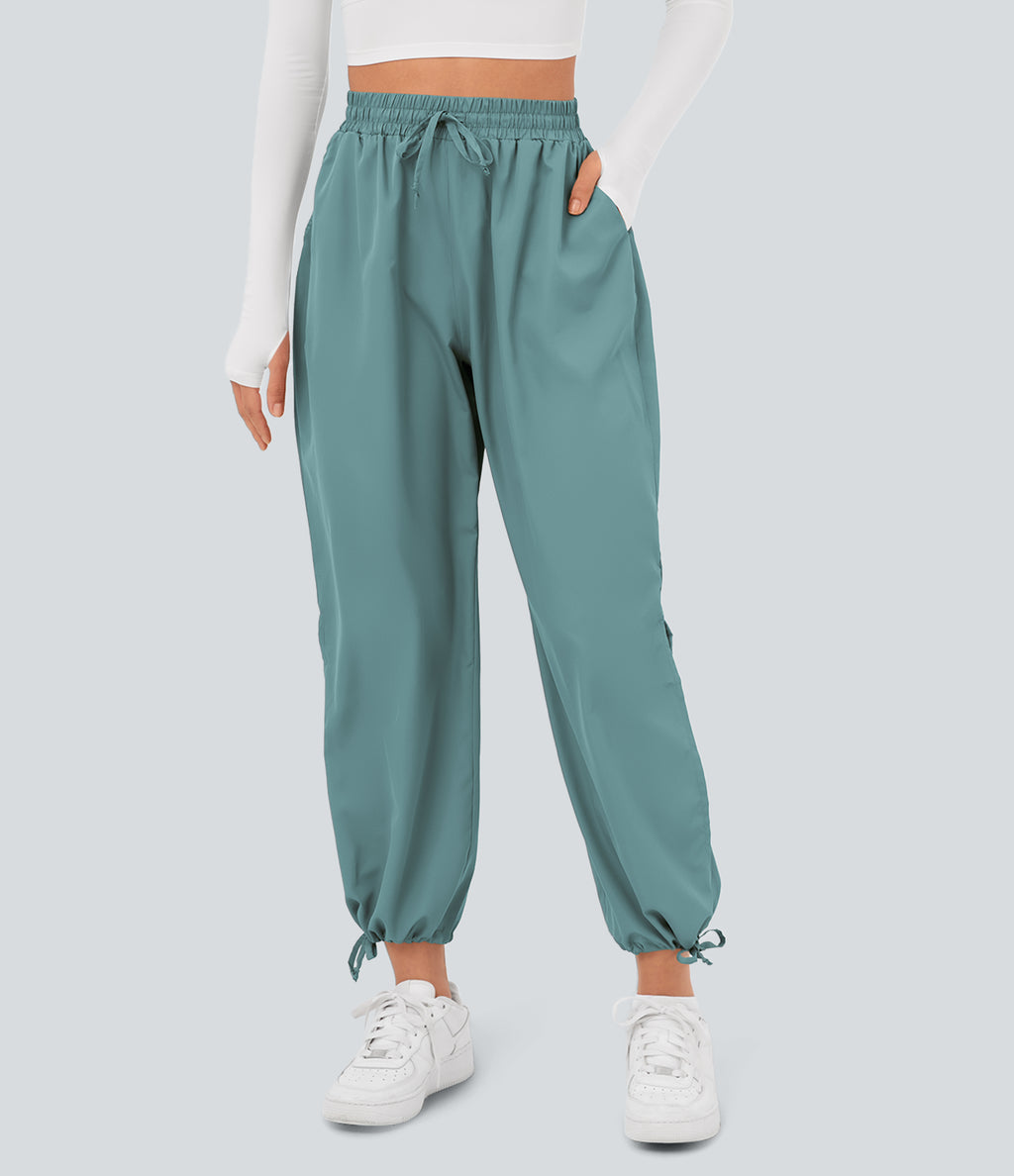 High Waisted Drawstring Side Pocket Split Hem Quick Dry Casual Joggers — Mineral Blue — view 3