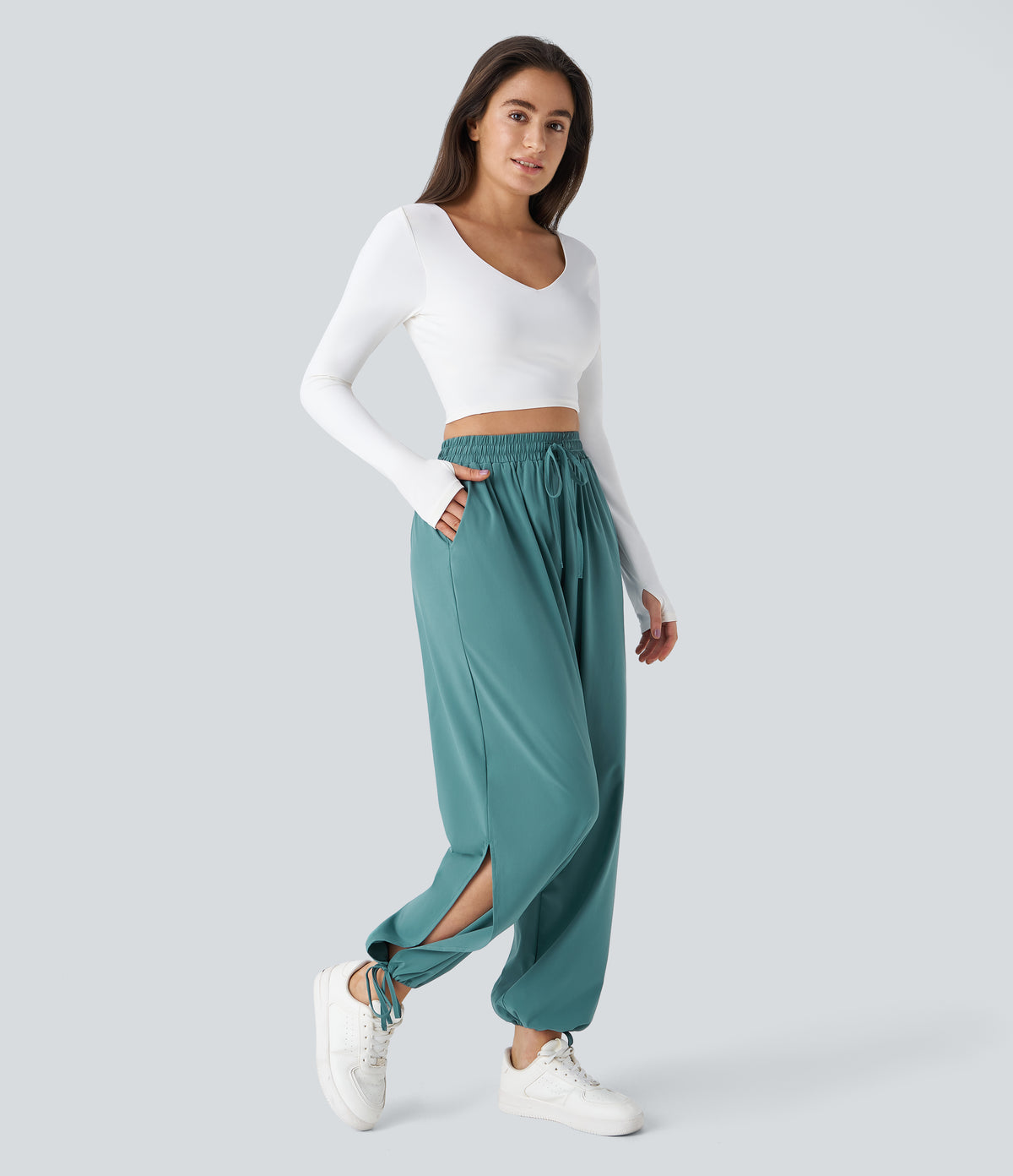 High Waisted Drawstring Side Pocket Split Hem Quick Dry Casual Joggers — Mineral Blue — view 5