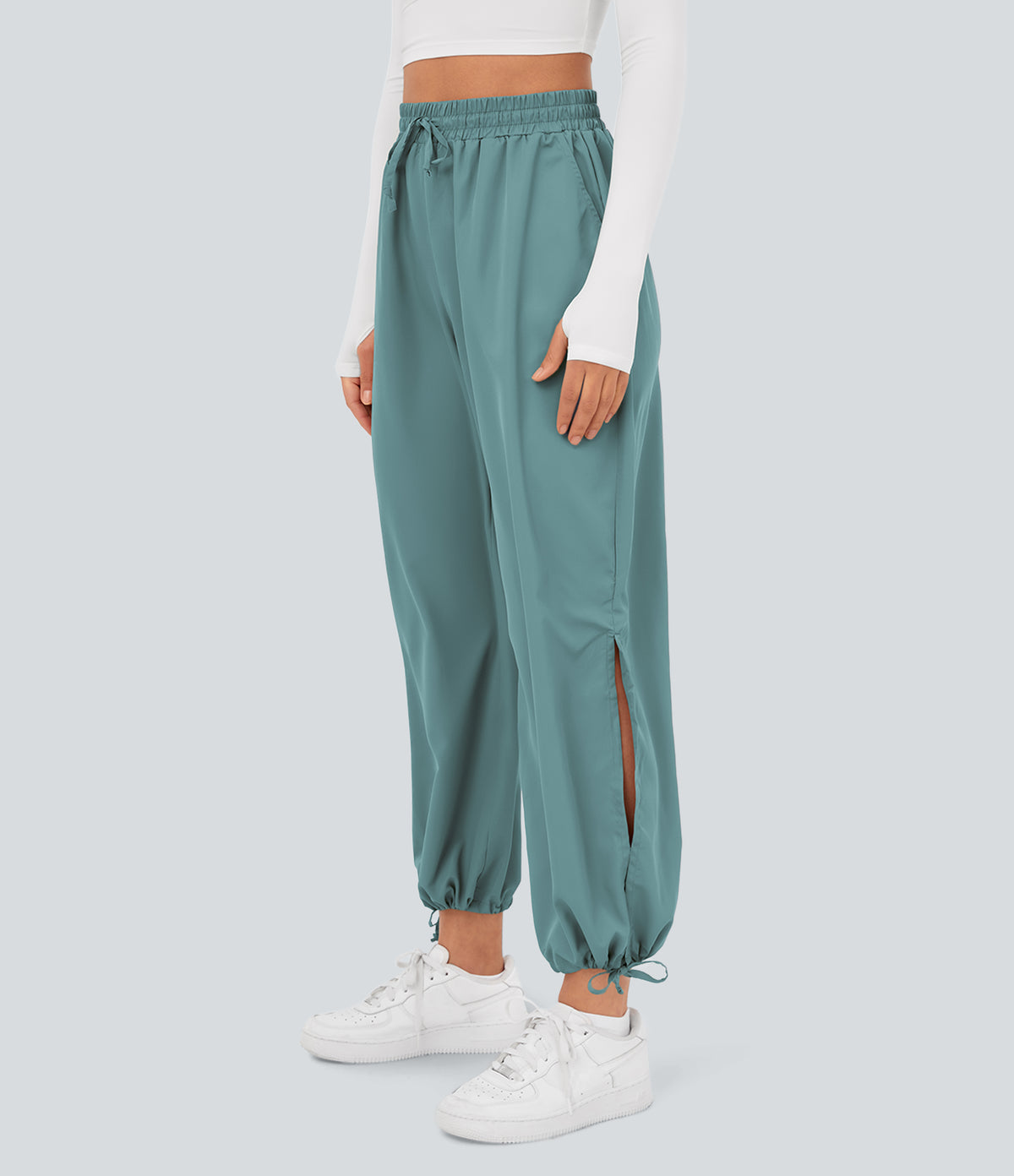 High Waisted Drawstring Side Pocket Split Hem Quick Dry Casual Joggers — Mineral Blue — view 1