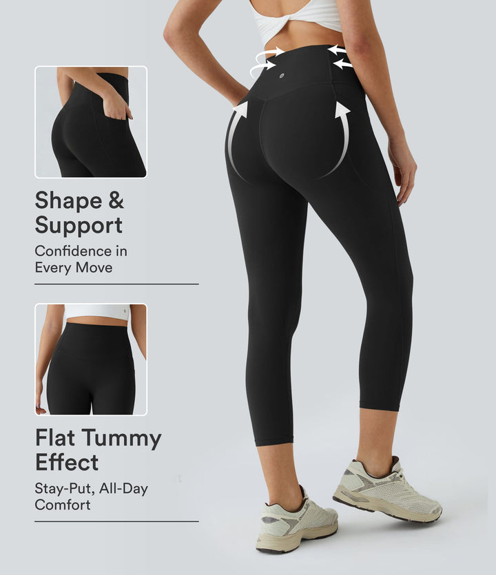 High Waisted Tummy Control Pocket Shaping Training Capri Leggings — Black — view 1