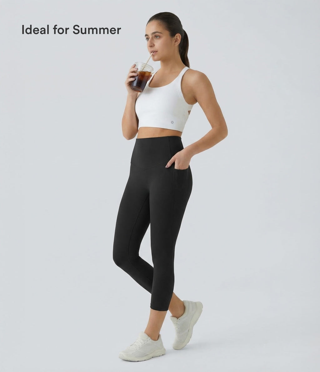 High Waisted Tummy Control Pocket Shaping Training Capri Leggings — Black — view 3