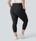 High Waisted Side Pocket Plus Size Shaping Training Capri Leggings — Black — view 2