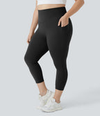 High Waisted Side Pocket Plus Size Shaping Training Capri Leggings — Black — view 1