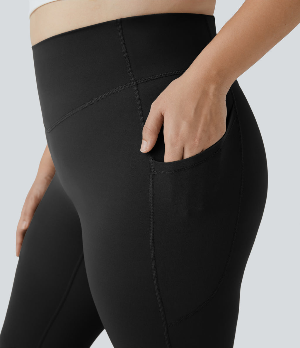 High Waisted Side Pocket Plus Size Shaping Training Capri Leggings — Black — view 4