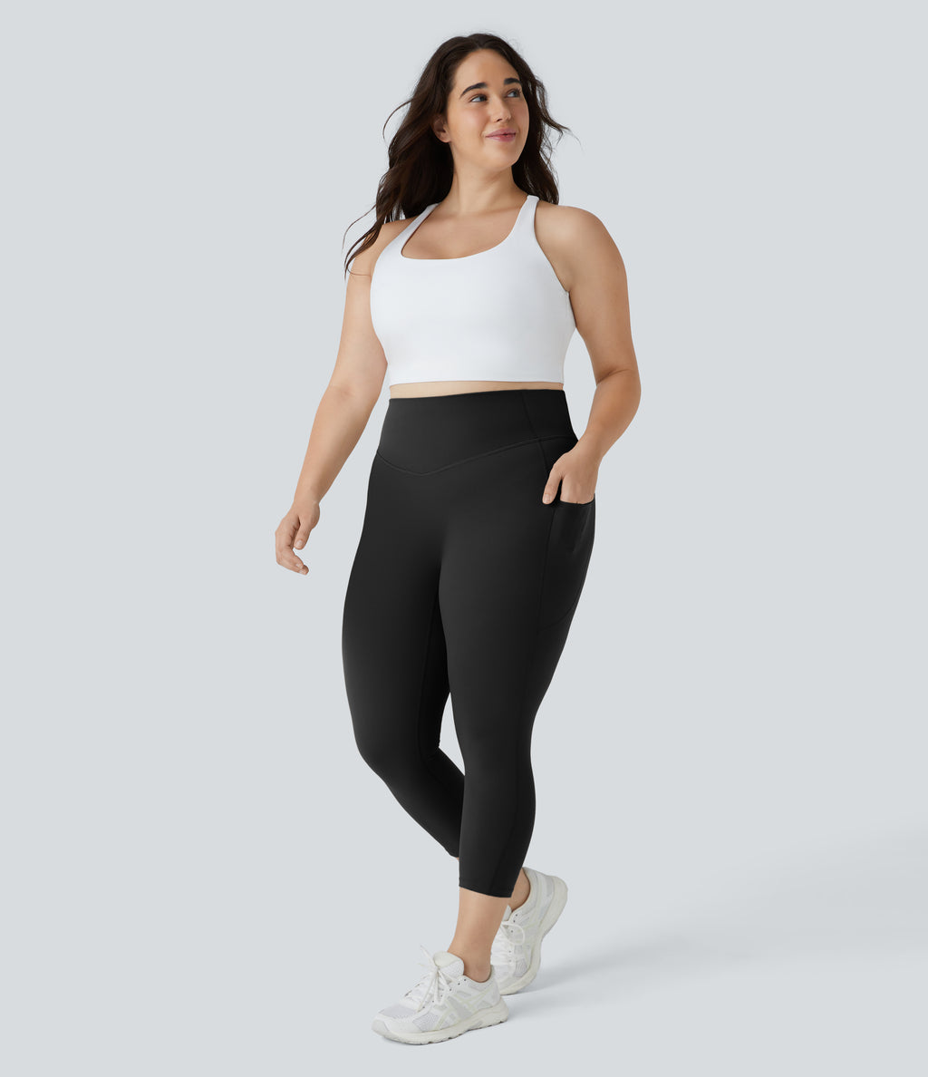 High Waisted Side Pocket Plus Size Shaping Training Capri Leggings — Black — view 6
