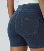 High Waisted Pocket Denim Casual Shorts 3" — Washed Denim Navy Blue — view 4