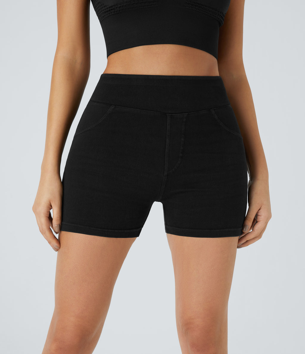 High Waisted Pocket Denim Casual Shorts 3" — Black Denim — view 6