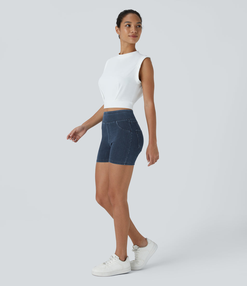 High Waisted Pocket Denim Casual Shorts 3" — Washed Denim Navy Blue — view 5
