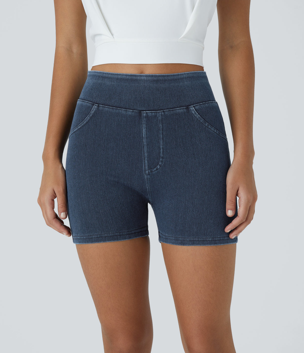 High Waisted Pocket Denim Casual Shorts 3" — Washed Denim Navy Blue — view 2