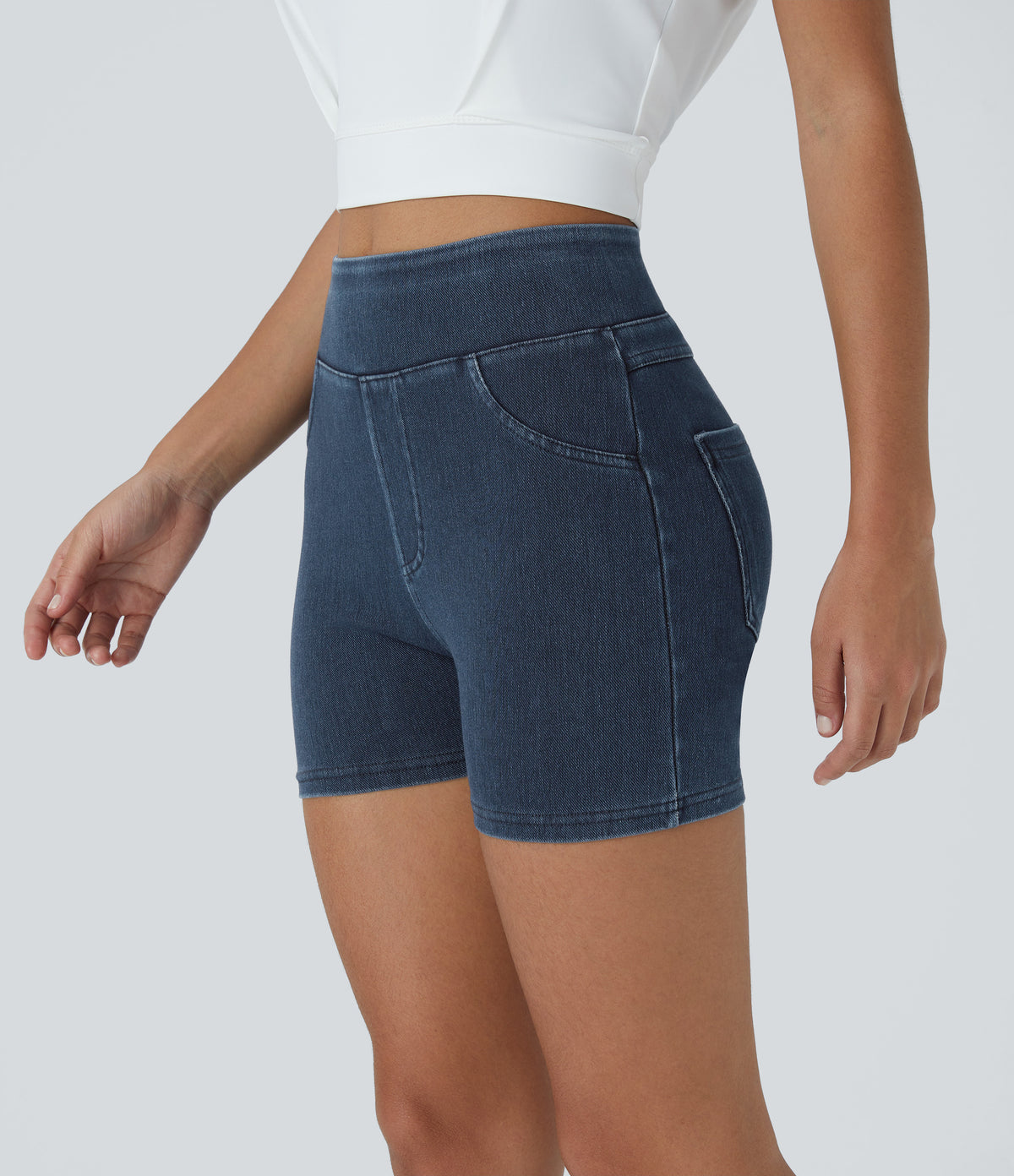 High Waisted Pocket Denim Casual Shorts 3" — Washed Denim Navy Blue — view 3