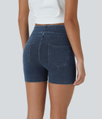 High Waisted Pocket Denim Casual Shorts 3" — Washed Denim Navy Blue — view 1