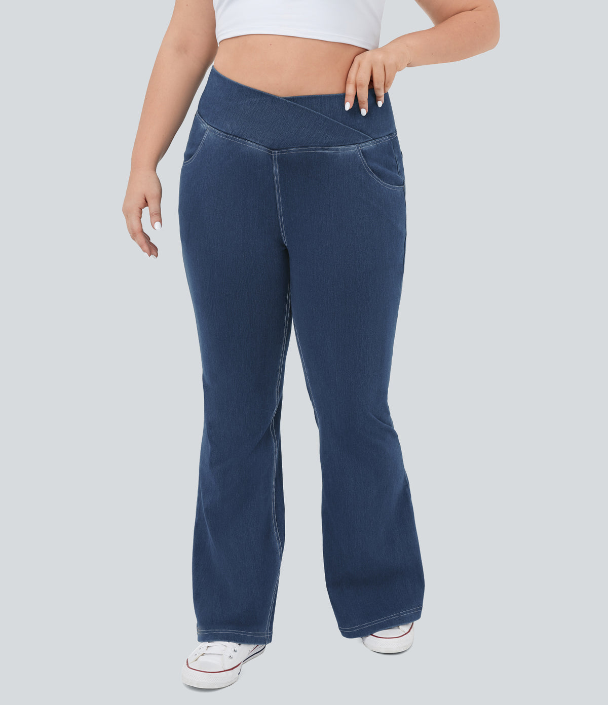 High Waisted Crossover Pocket InstantCool Washed Plus Size Casual Jeans — Ocean Blue Denim — view 1