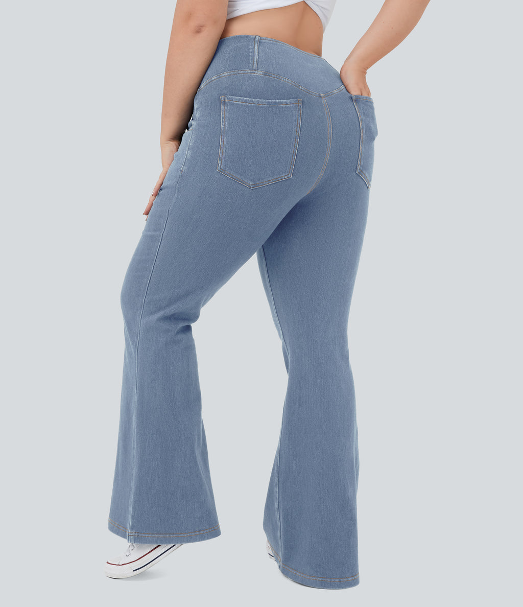 High Waisted Crossover Pocket InstantCool Washed Plus Size Casual Jeans — Pastel Blue Denim — view 6