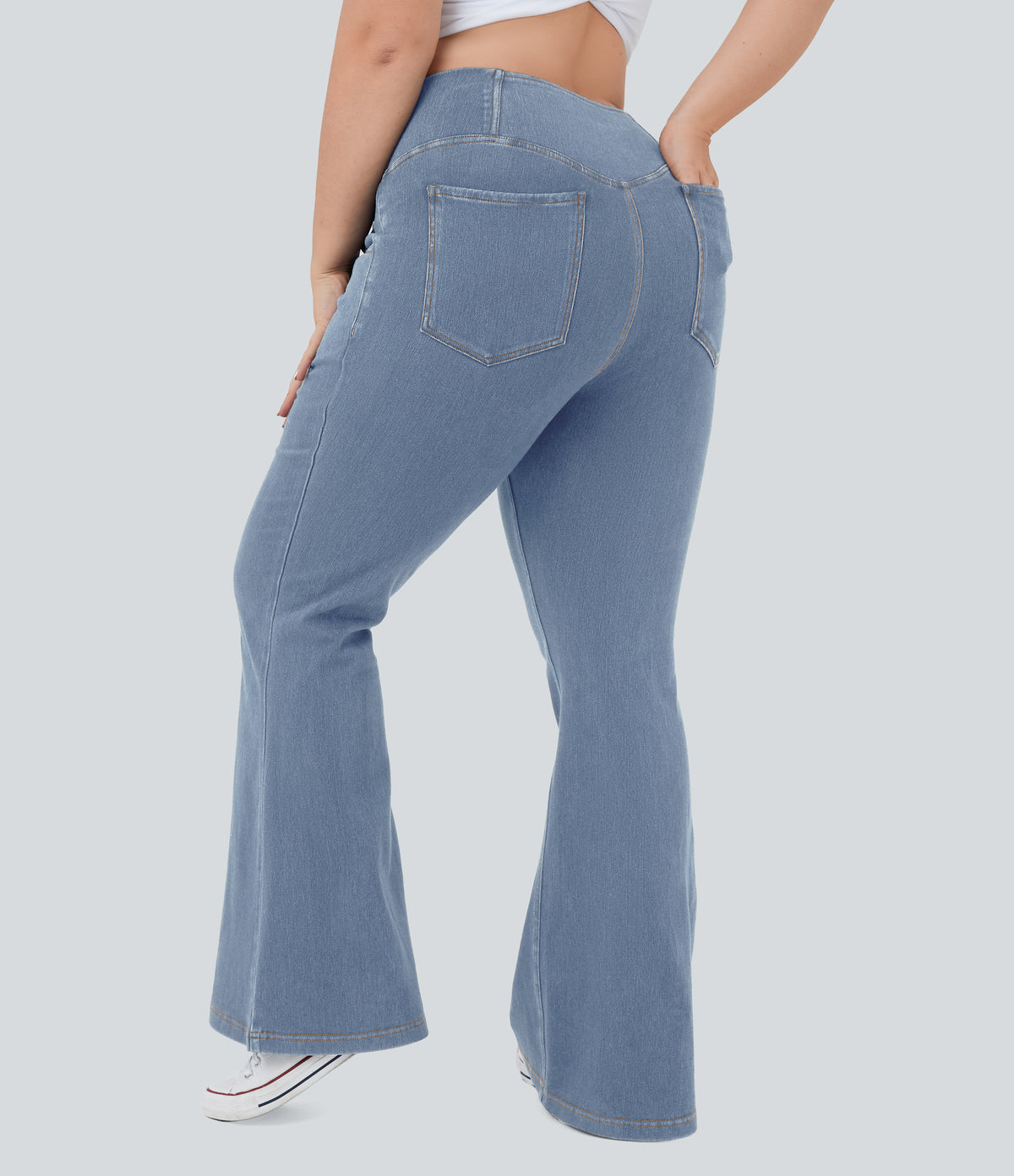 High Waisted Crossover Pocket InstantCool Washed Plus Size Casual Jeans — Pastel Blue Denim — view 6