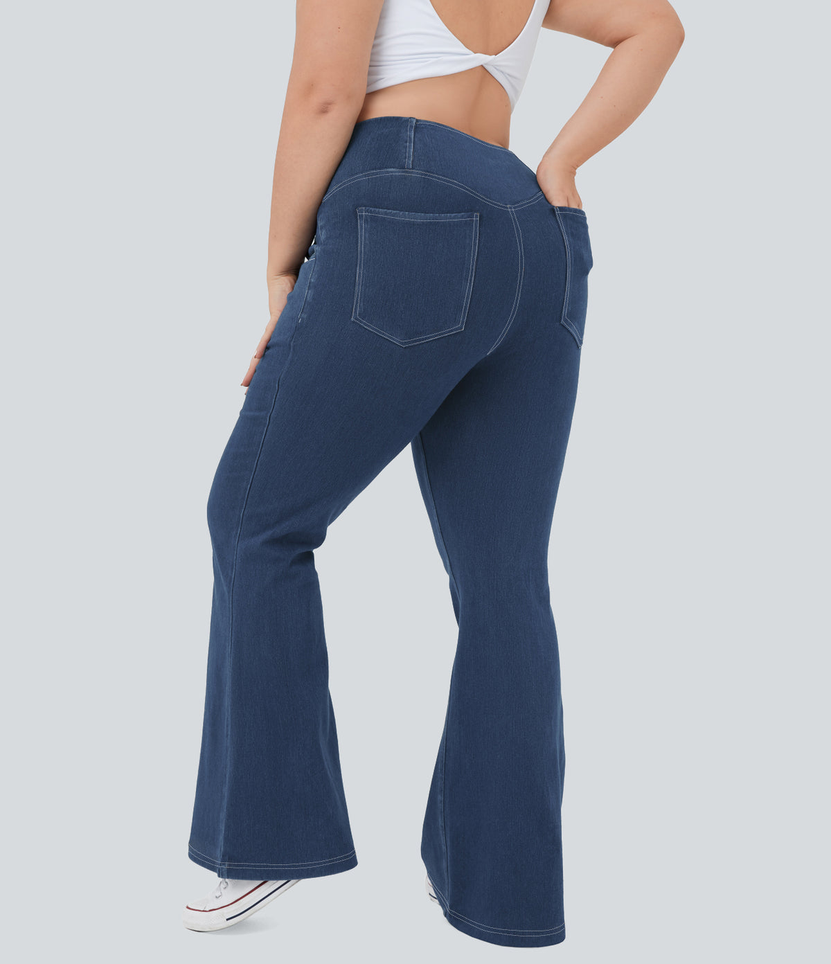 High Waisted Crossover Pocket InstantCool Washed Plus Size Casual Jeans — Ocean Blue Denim — view 2