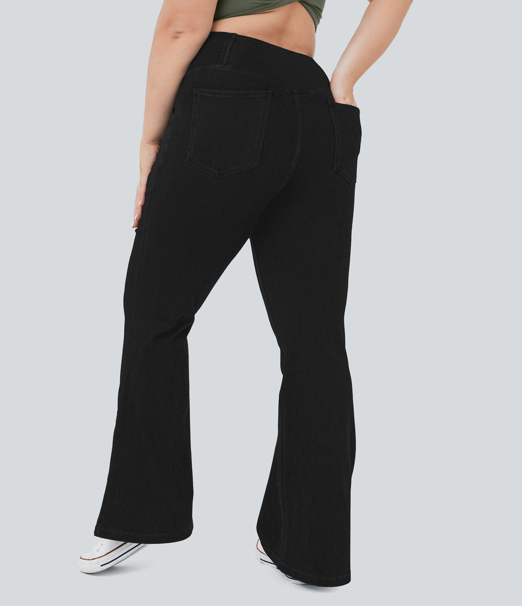 High Waisted Crossover Pocket InstantCool Washed Plus Size Casual Jeans — Graphite Black Denim — view 4