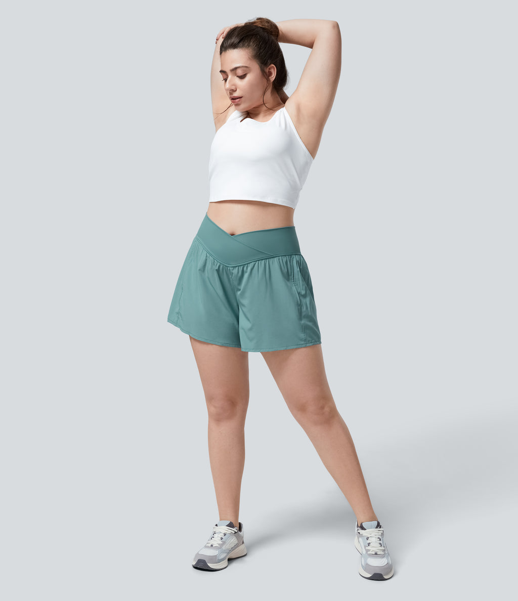 High Waisted Crossover Side Pocket Plus Size 2-in-1 Quick Dry Yoga Shorts 4.5" — Mineral Blue — view 7