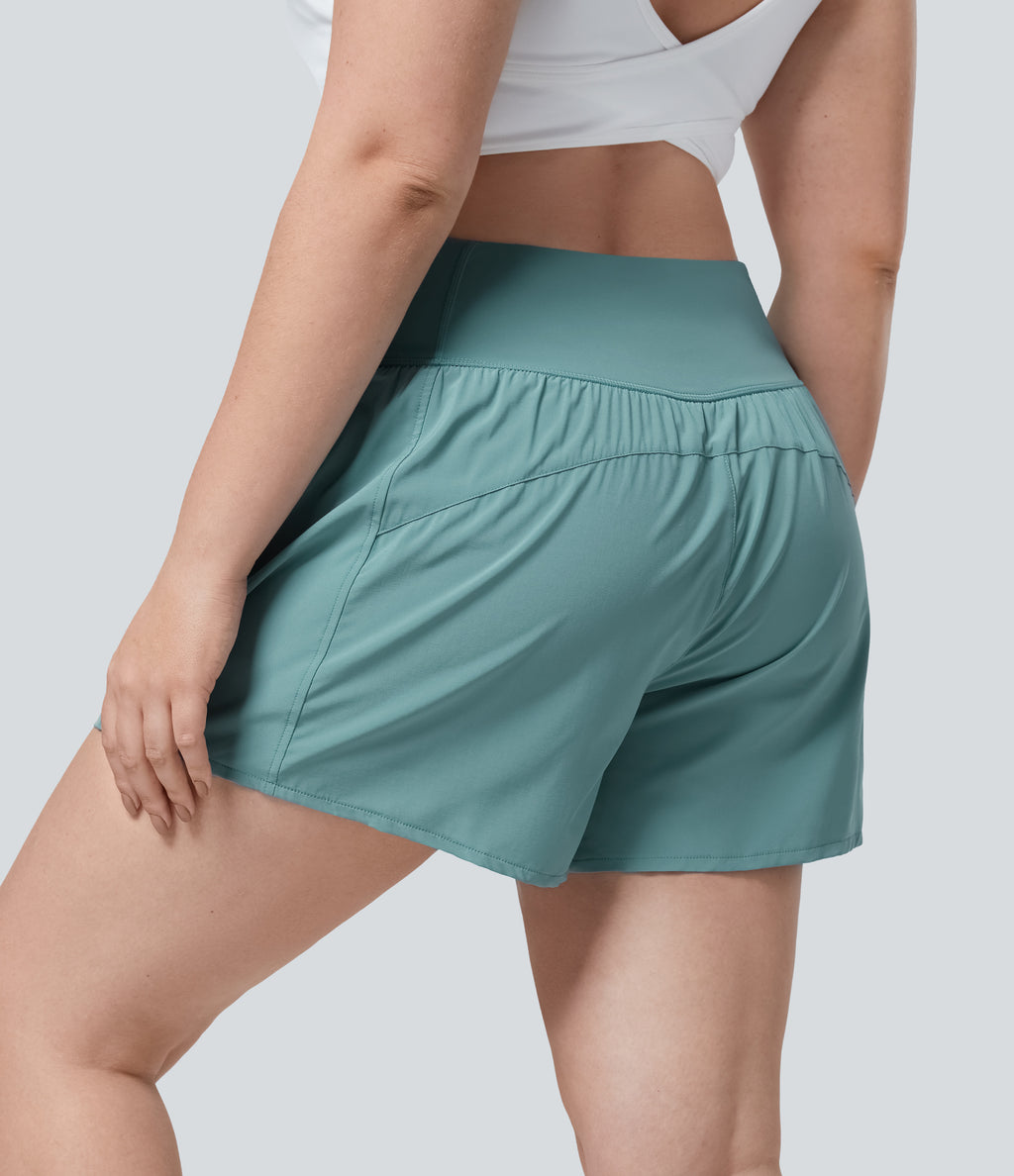 High Waisted Crossover Side Pocket Plus Size 2-in-1 Quick Dry Yoga Shorts 4.5" — Mineral Blue — view 2