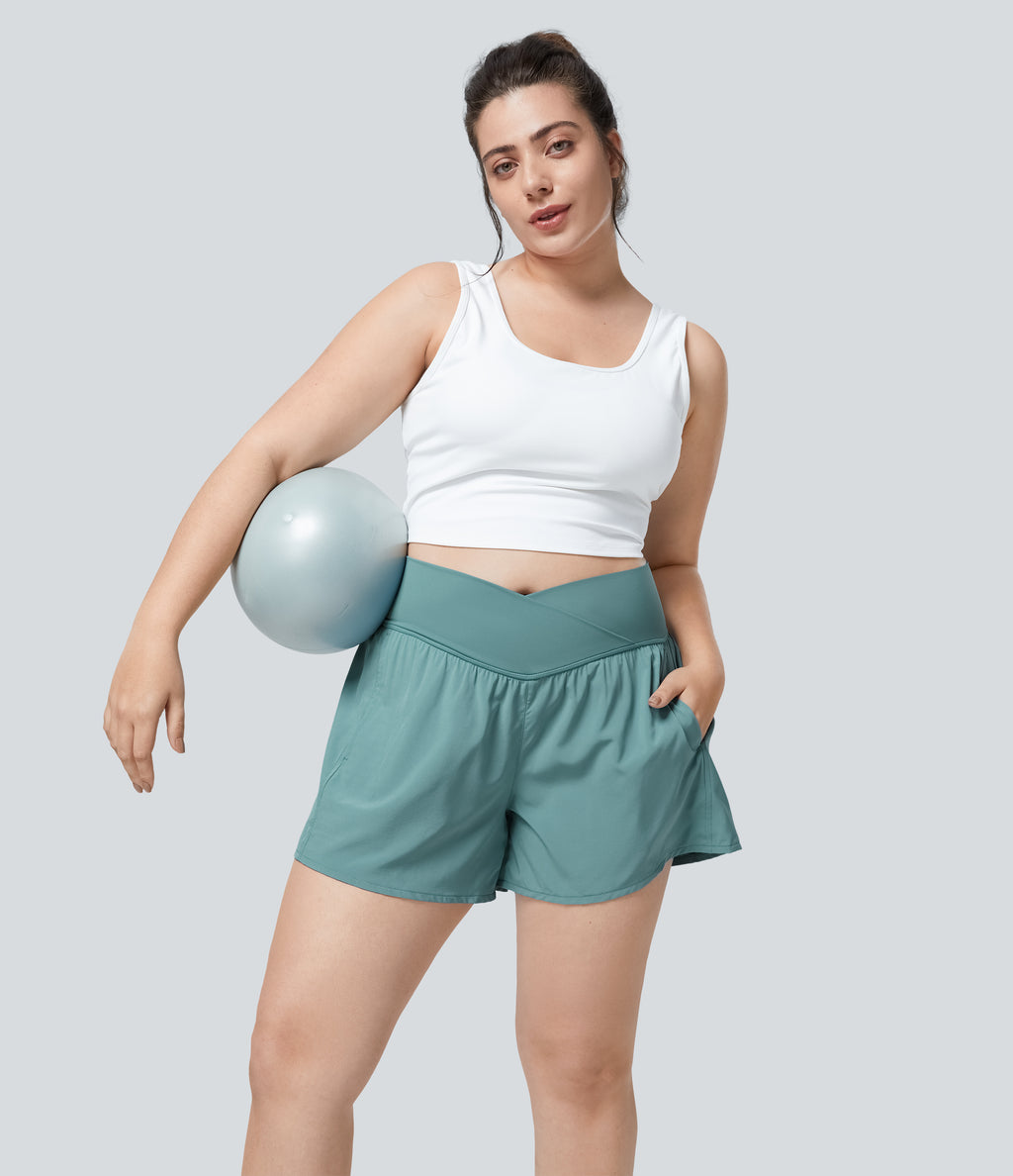 High Waisted Crossover Side Pocket Plus Size 2-in-1 Quick Dry Yoga Shorts 4.5" — Mineral Blue — view 6