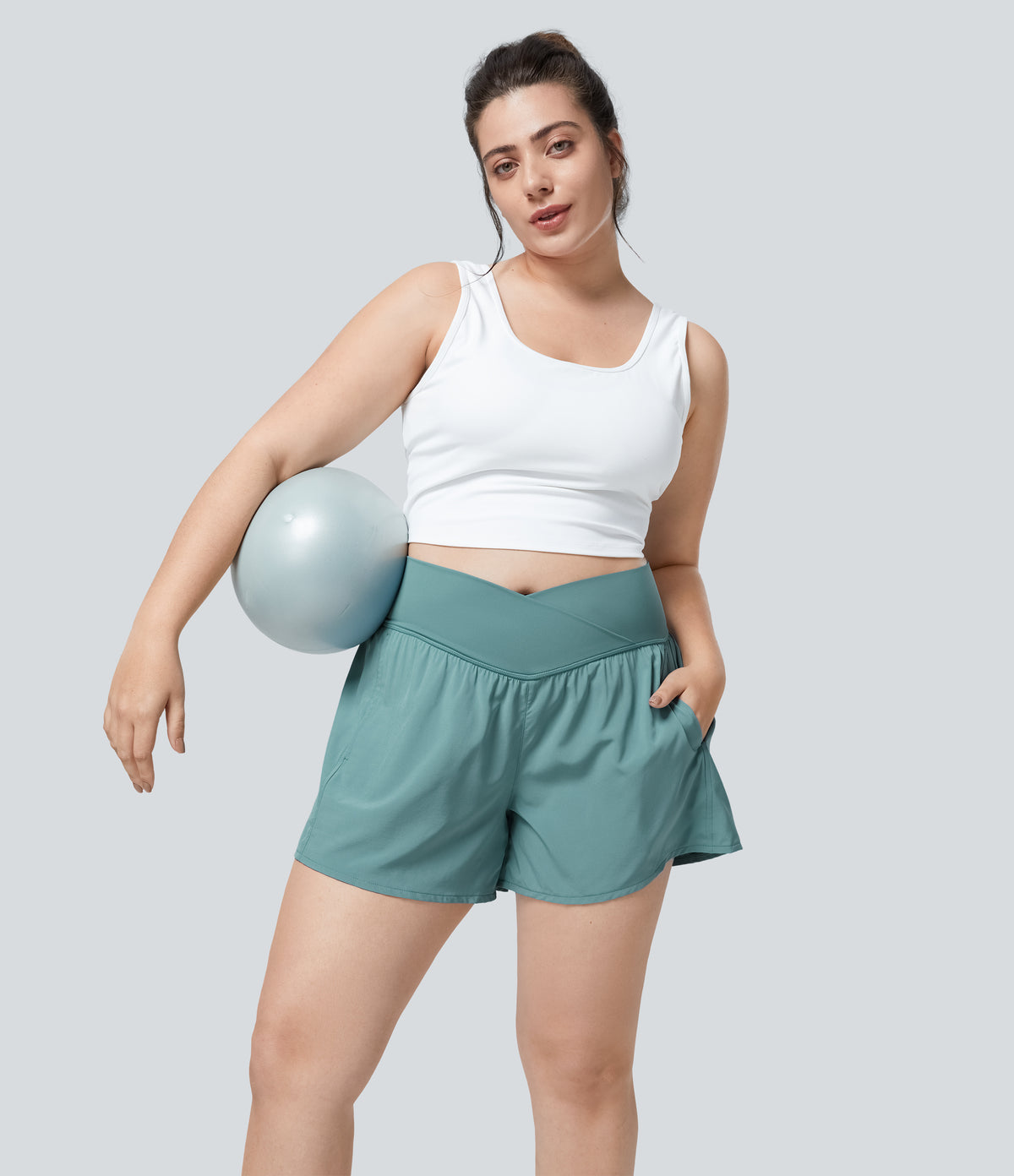 High Waisted Crossover Side Pocket Plus Size 2-in-1 Quick Dry Yoga Shorts 4.5" — Mineral Blue — view 6