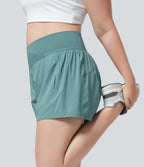 High Waisted Crossover Side Pocket Plus Size 2-in-1 Quick Dry Yoga Shorts 4.5" — Mineral Blue — view 3