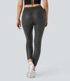 Faux Leather High Waisted Back Side Pocket Work Trousers — Shiny Dusk Black — view 3
