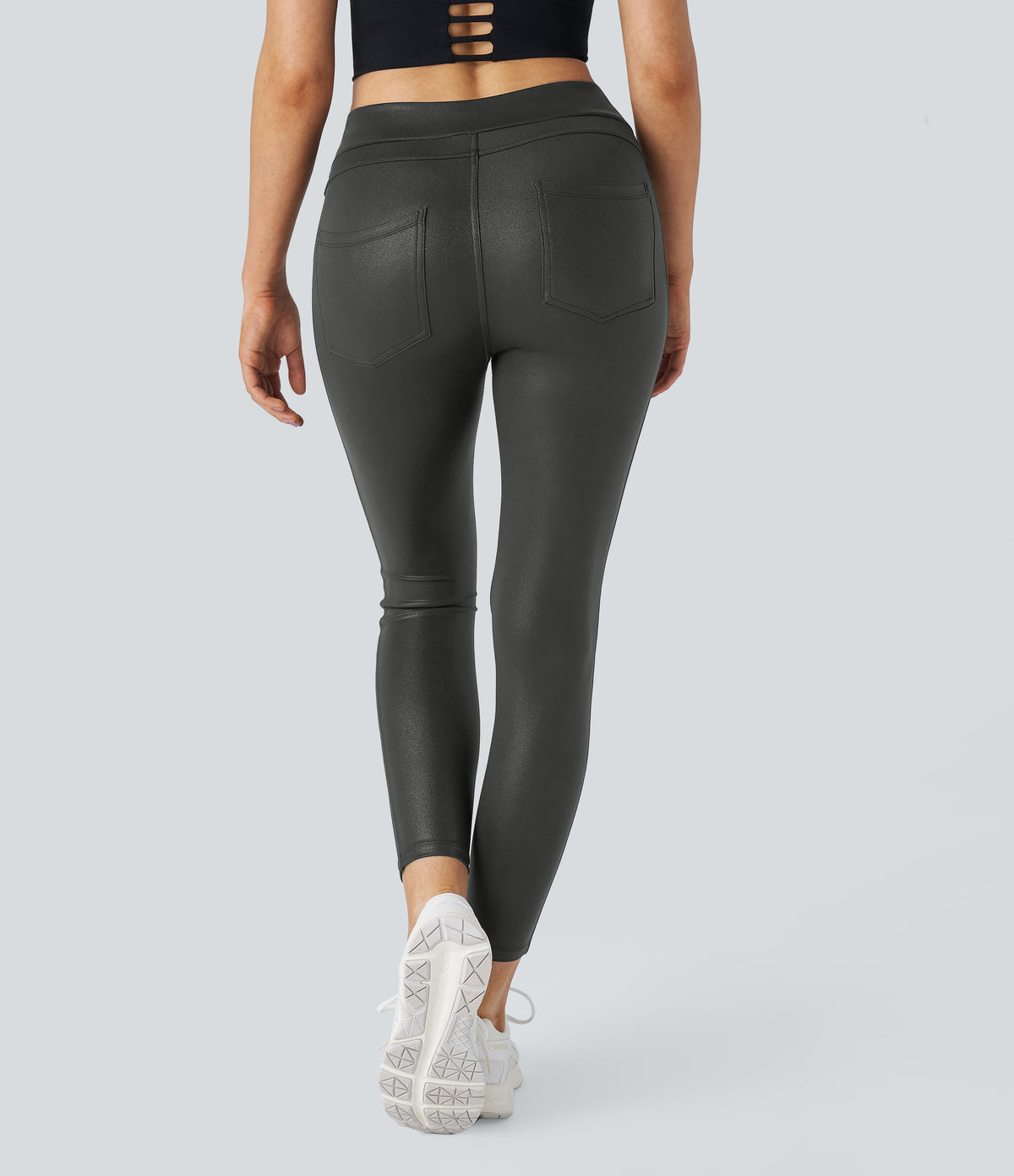 Faux Leather High Waisted Back Side Pocket Work Trousers — Shiny Dusk Black — view 3