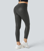 Faux Leather High Waisted Back Side Pocket Work Trousers — Shiny Dusk Black — view 5