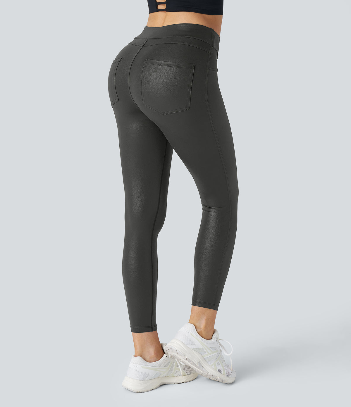 Faux Leather High Waisted Back Side Pocket Work Trousers — Shiny Dusk Black — view 5