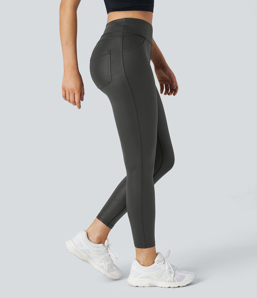 Faux Leather High Waisted Back Side Pocket Work Trousers — Shiny Dusk Black — view 4