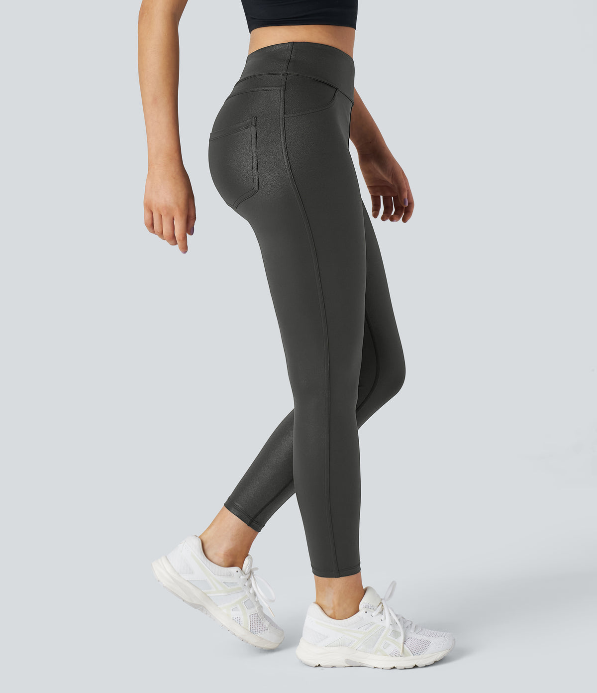 Faux Leather High Waisted Back Side Pocket Work Trousers — Shiny Dusk Black — view 4