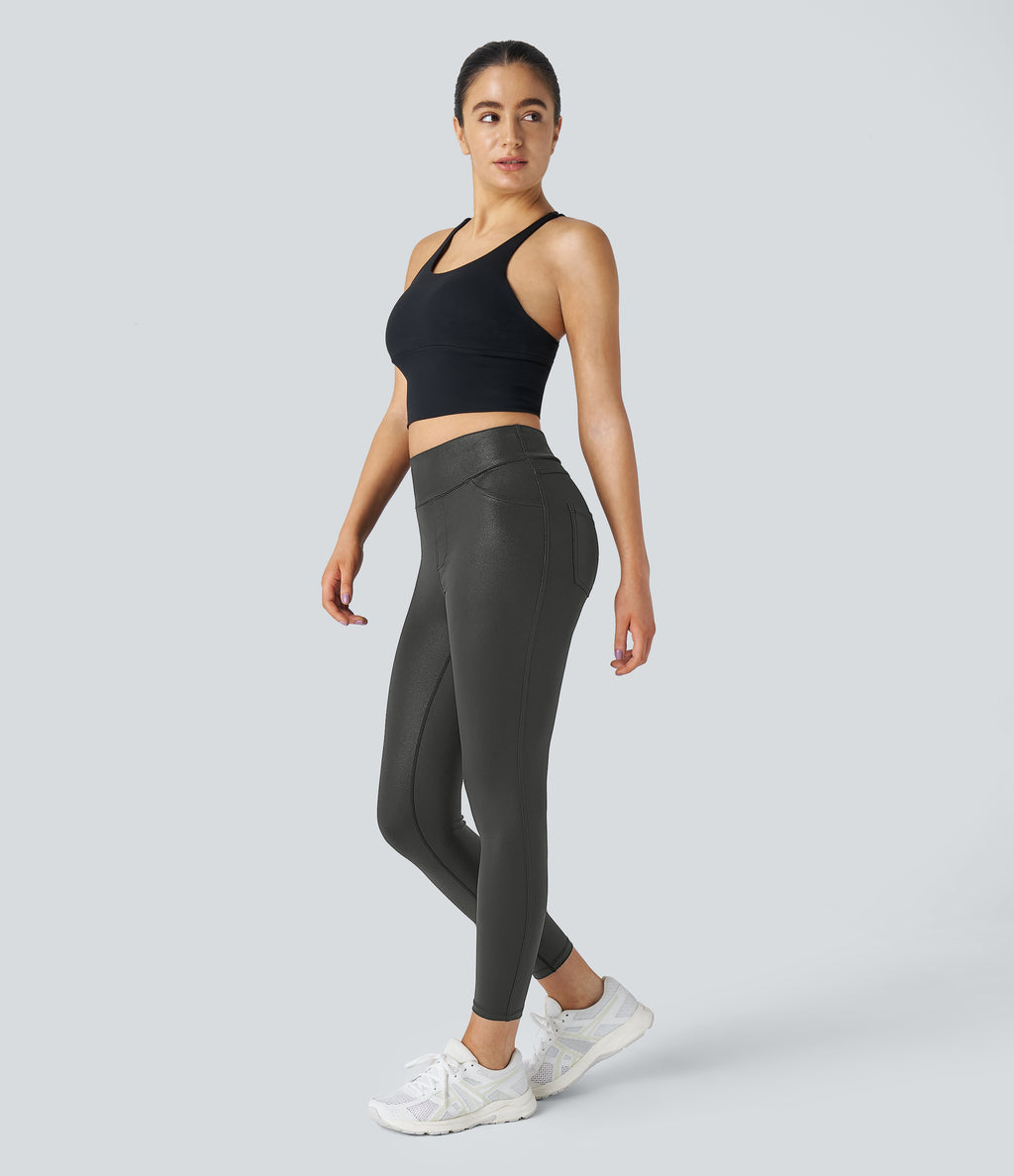 Faux Leather High Waisted Back Side Pocket Work Trousers — Shiny Dusk Black — view 6