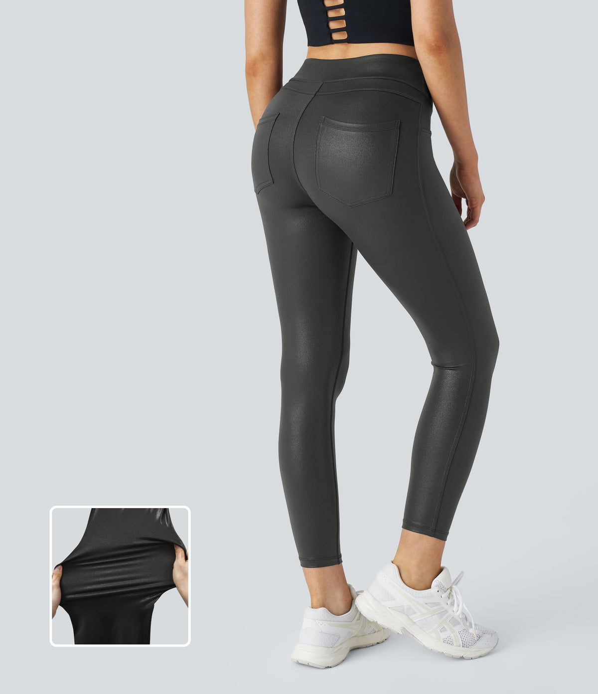 Faux Leather High Waisted Back Side Pocket Work Trousers — Shiny Dusk Black — view 1